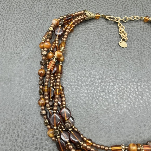 ERWIN PEARL Multi Strand Brown Amber Glass Bead Necklace Gold Tone Layered - Picture 3 of 8